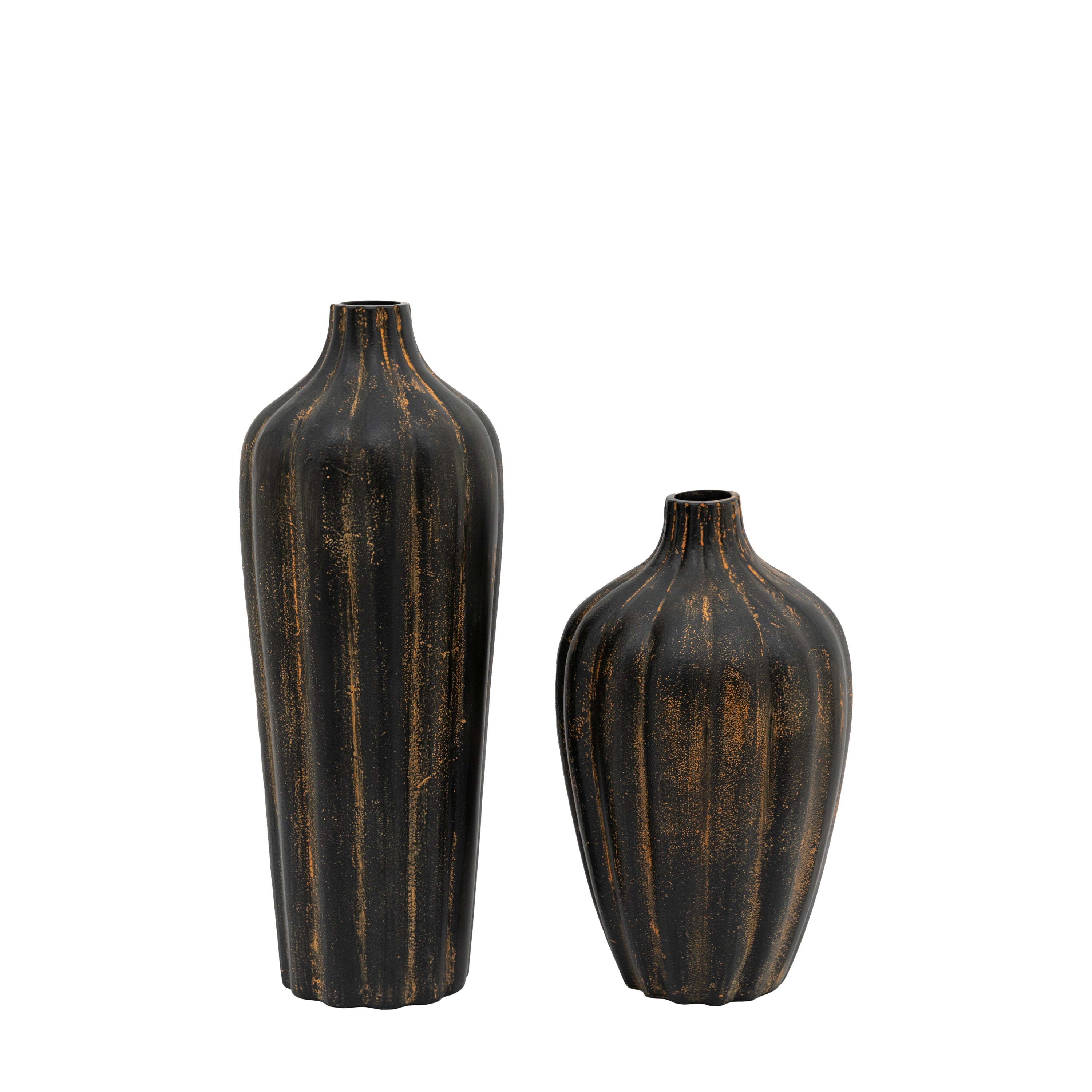 Set of 2 Ezra Ribbed Metalic Black Vase
